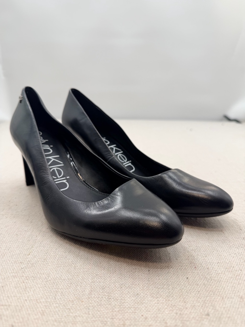 Calvin Klein Black Leather Classic Mid Heel Pumps